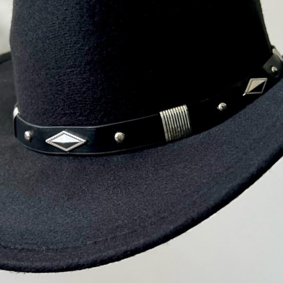NEW Black Silver Stud Leather Band Embellished Felt Cowboy Cowgirl Western Hat - Picture 11 of 12